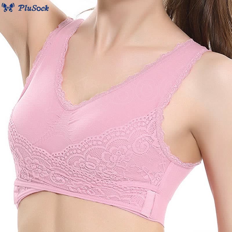 Plus Size Front Cross Side Buckle Lace Wireless Bra