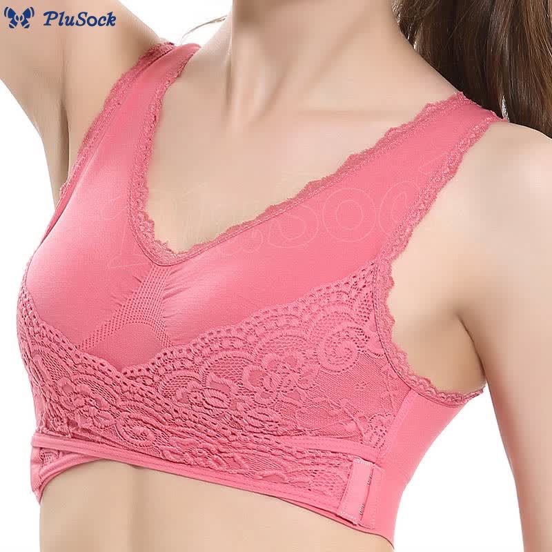 Plus Size Front Cross Side Buckle Lace Wireless Bra