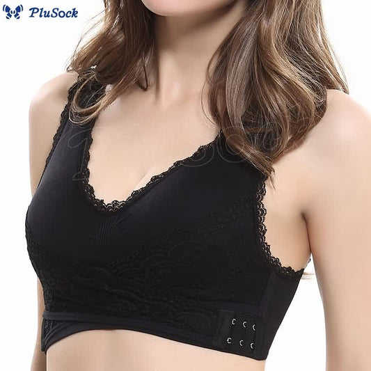 Plus Size Front Cross Side Buckle Lace Wireless Bra