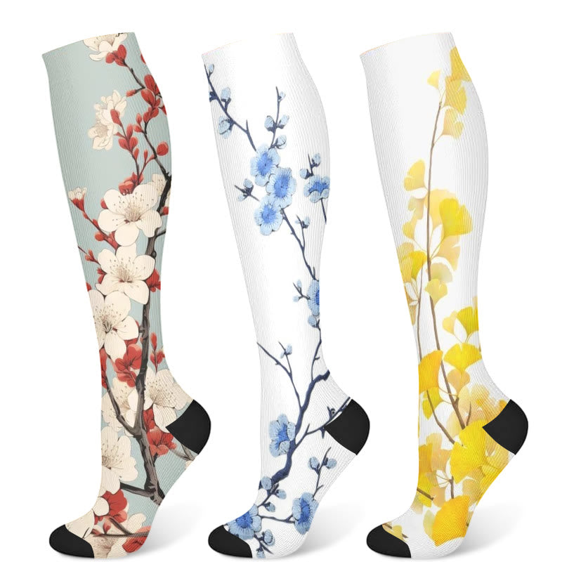 Ginkgo Leaf Plum Flower Compression Socks(3 Pairs)