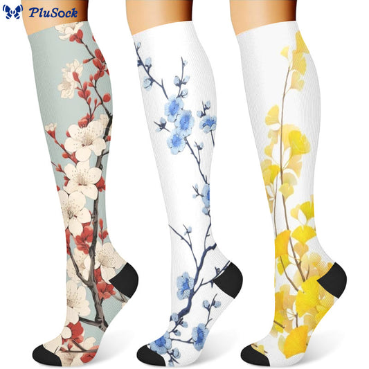 Ginkgo Leaf Plum Flower Compression Socks(3 Pairs)