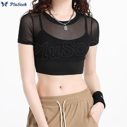 Plus Size Mesh Yoga Short Sleeves With Removable Chest Pad