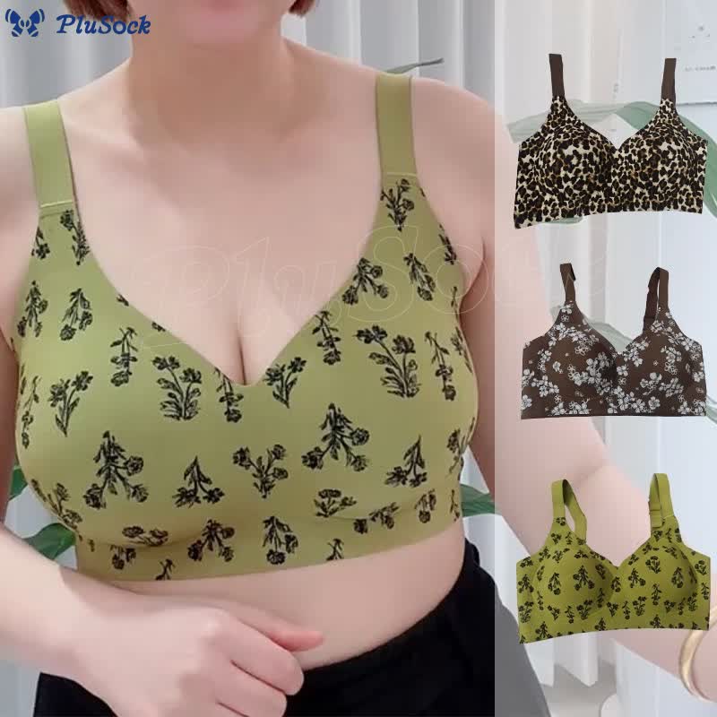 Plus Size Leopard Floral Print Push Up Wireless Bra