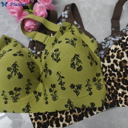 Plus Size Leopard Floral Print Push Up Wireless Bra