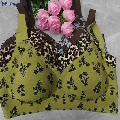 Plus Size Leopard Floral Print Push Up Wireless Bra