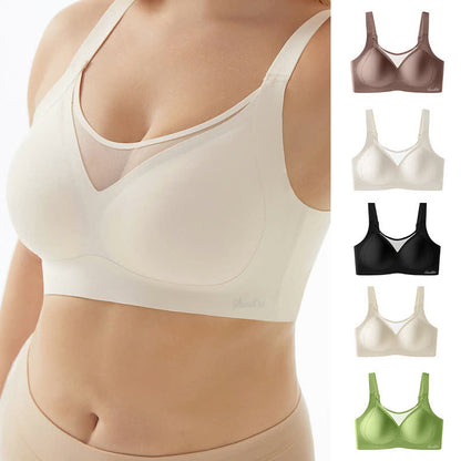 Plus Size Solid Color Mesh Stitching Seamless Wireless Bra