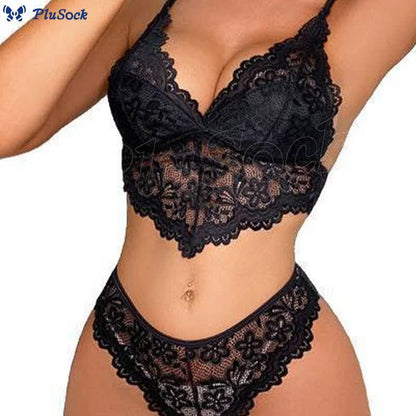 Plus Size Sexy Hollow Lace Wireless Bra Thong Set