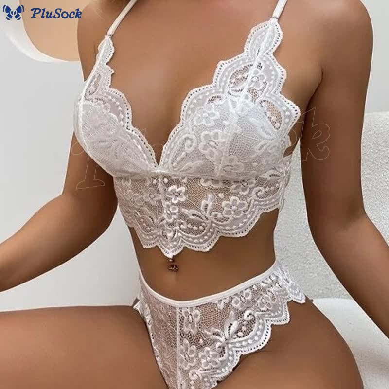 Plus Size Sexy Hollow Lace Wireless Bra Thong Set