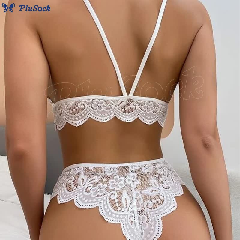 Plus Size Sexy Hollow Lace Wireless Bra Thong Set