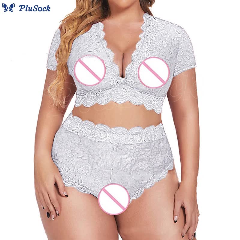 Plus Size Sexy Lace Transparent Wireless Bra Brief Set