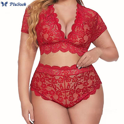 Plus Size Sexy Lace Transparent Wireless Bra Brief Set