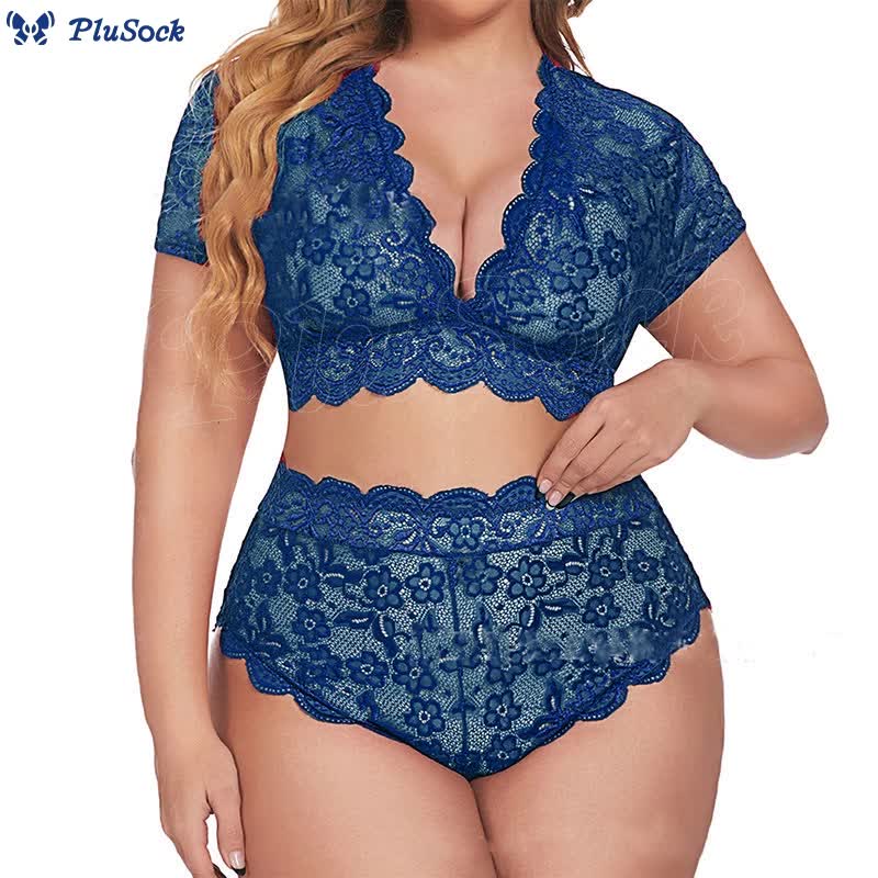 Plus Size Sexy Lace Transparent Wireless Bra Brief Set