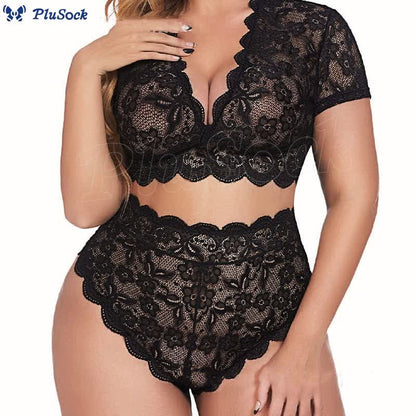 Plus Size Sexy Lace Transparent Wireless Bra Brief Set