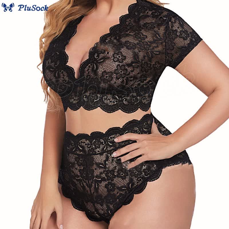 Plus Size Sexy Lace Transparent Wireless Bra Brief Set