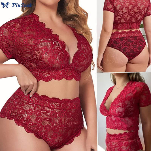 Plus Size Sexy Lace Transparent Wireless Bra Brief Set