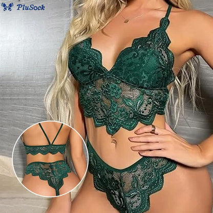 Plus Size Sexy Hollow Lace Wireless Bra Thong Set