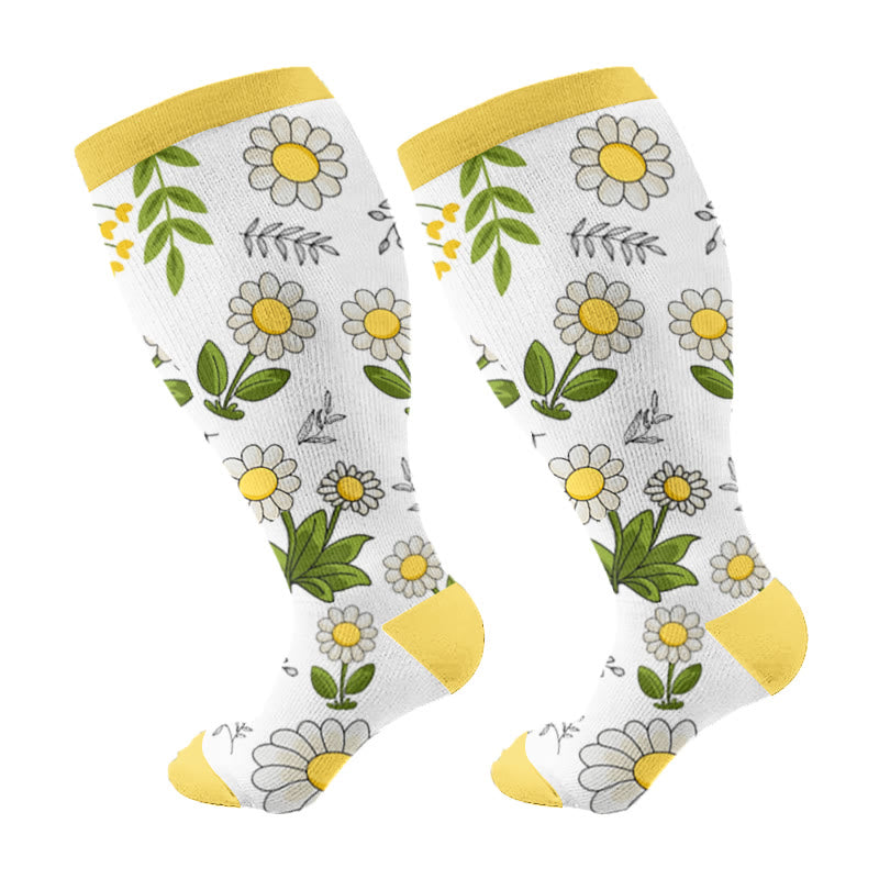 Plus Size Yellow Purple Flower Compression Socks