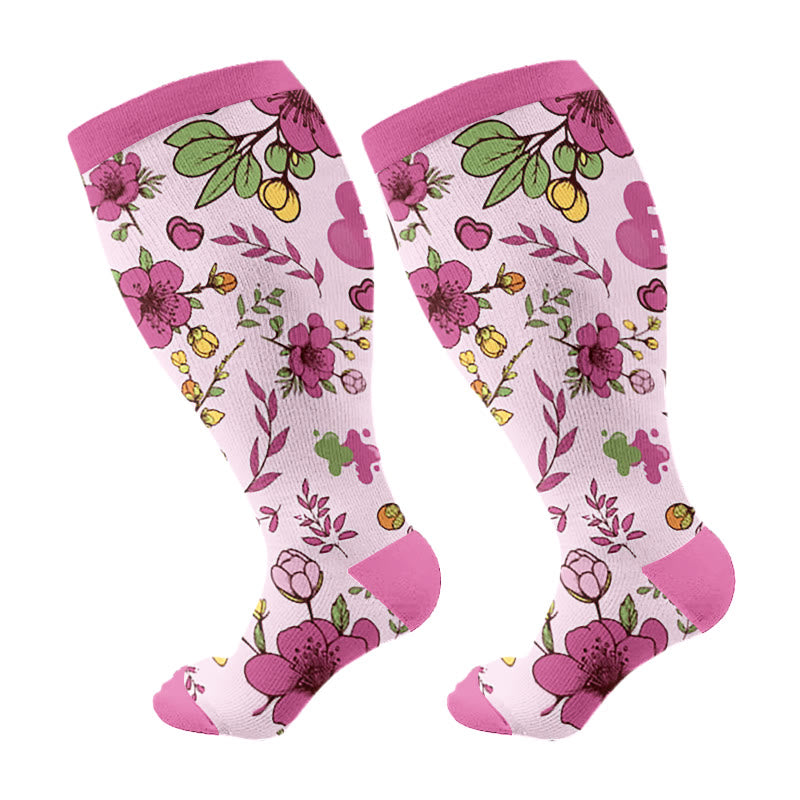 Plus Size Yellow Purple Flower Compression Socks