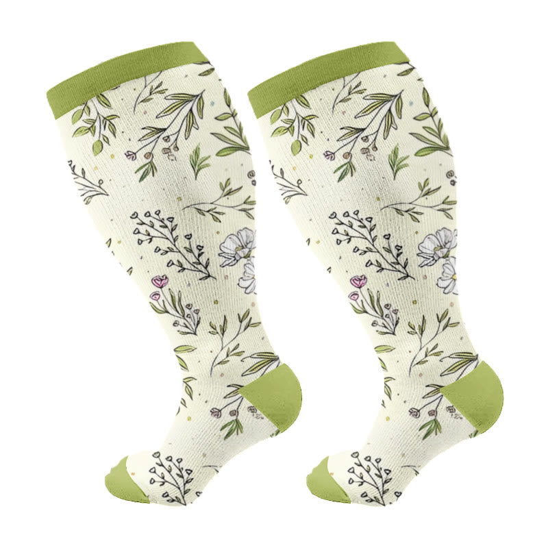 Plus Size Yellow Purple Flower Compression Socks