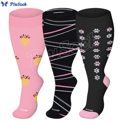 2XL-7XL Plus Size Dog Footprints Pineapple Compression Socks(3 Pairs)