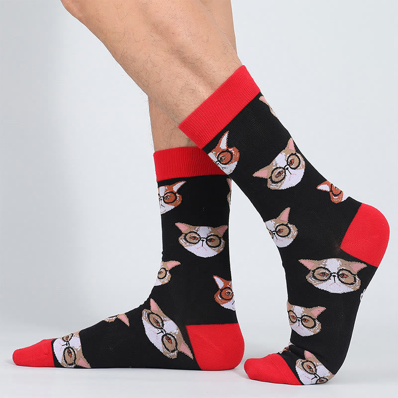 Plus Size Glasses Cat Quarter Socks(5 Pairs)