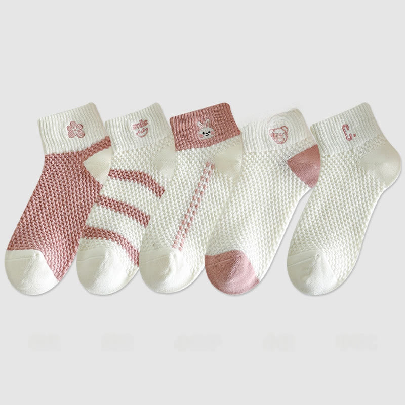 Pink Embroidery Ankle Socks(5 Pairs)