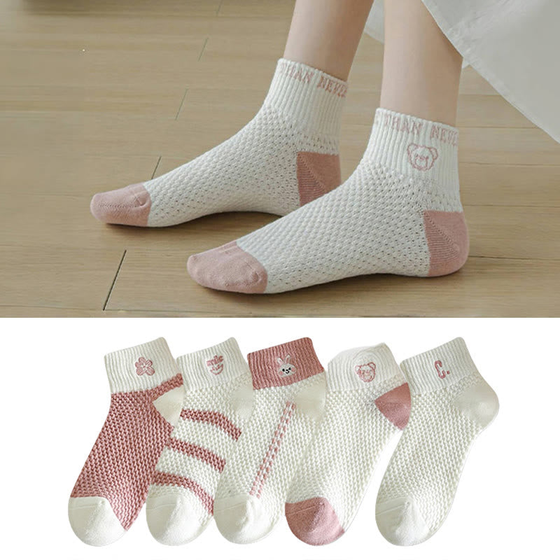 Pink Embroidery Ankle Socks(5 Pairs)