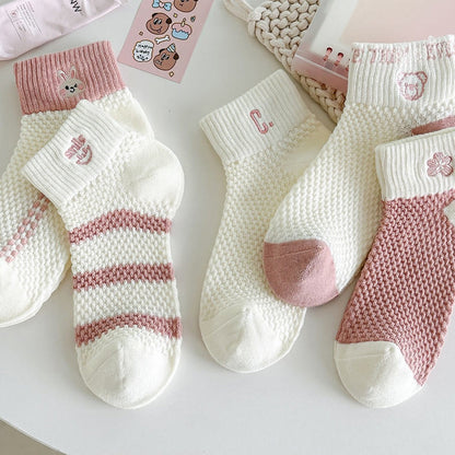 Pink Embroidery Ankle Socks(5 Pairs)