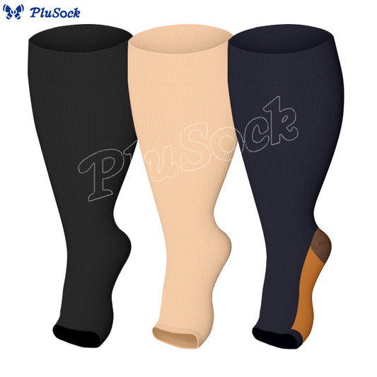 Plus Size Solid Color Open Toe Compression Socks(3 Pairs)