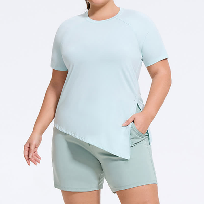 Plus Size Split Hem Yoga Workout Short Sleeve Top