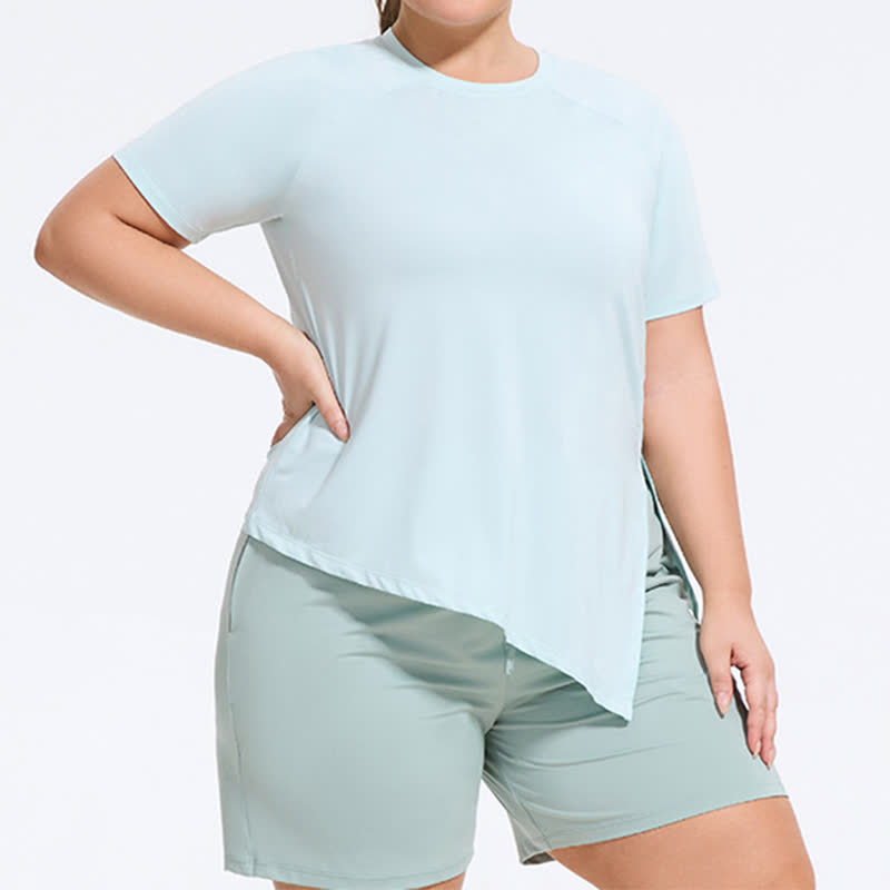 Plus Size Split Hem Yoga Workout Short Sleeve Top