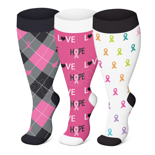 Plus Size Breast Cancer Logo Compression Socks(3 Pairs)