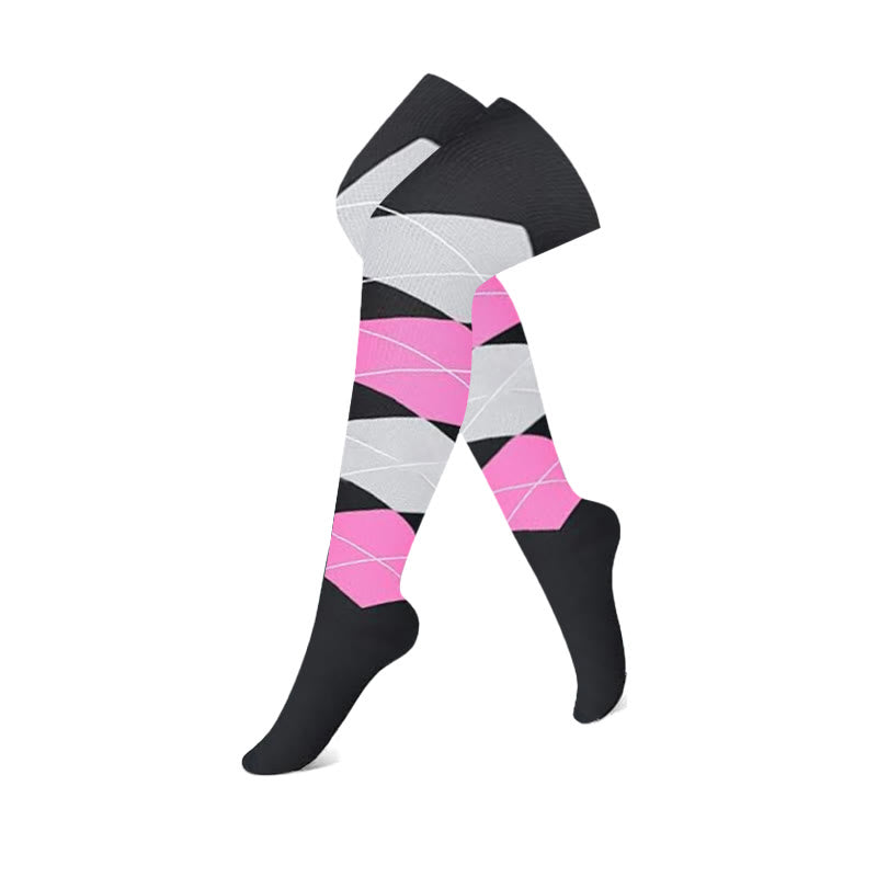 Black Pink Colorblock Thigh High Compression Socks(3 Pairs)