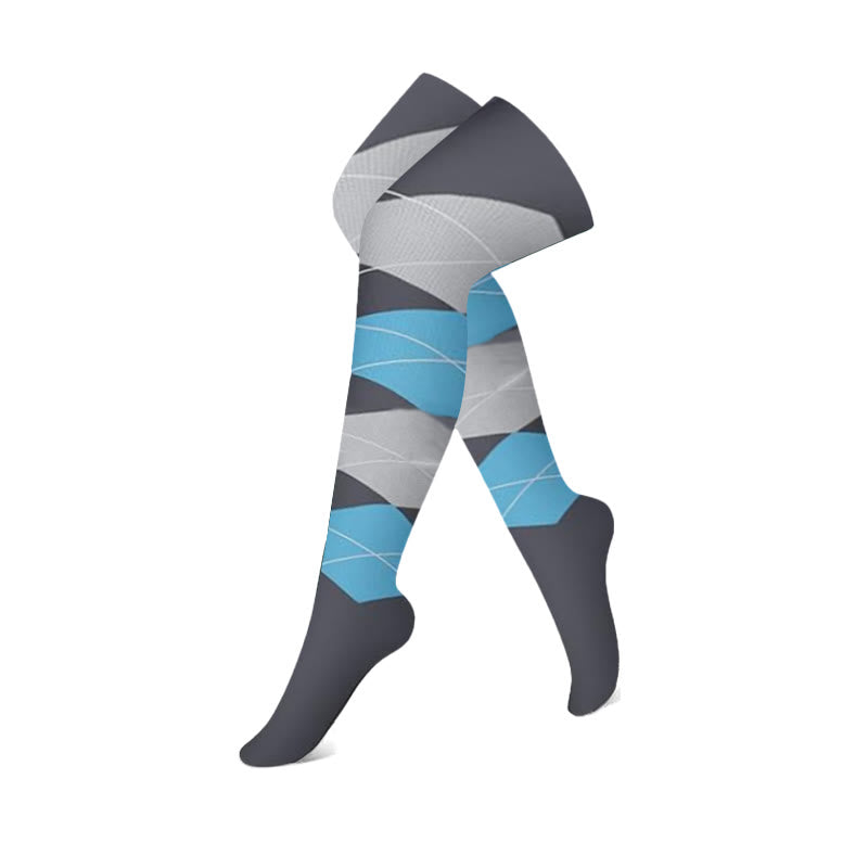 Gray Blue Colorblock Thigh High Compression Socks(3 Pairs)