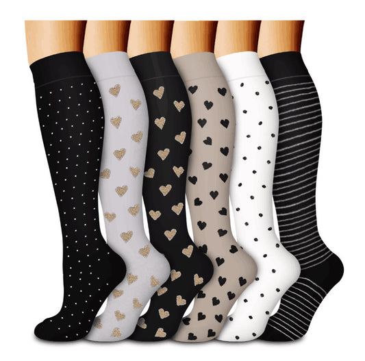 Heart Polka Dot Stripes Compression Socks(6 Pairs)