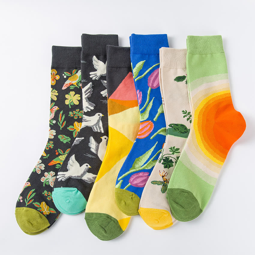 Plus Size Tulip Dove Pattern Crew Socks(6 Pairs)