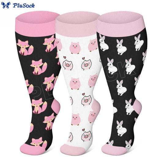 Plus Size Cute Fox Pig Compression Socks(3 Pairs)
