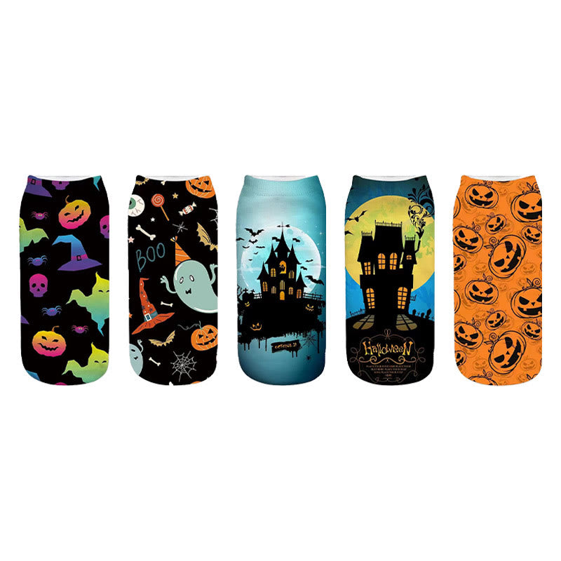 Plus Size Pumpkin Haunted House Quarter Socks(5 Pairs)