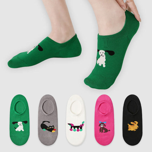 Plus Size Colorful Cat Dog No Show Socks(5 Pairs)