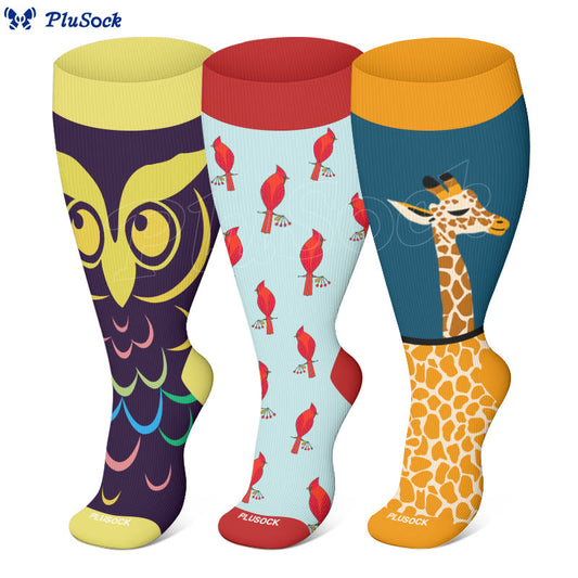 Plus Size Owl Giraffe Cardinal Compression Socks(3 Pairs)