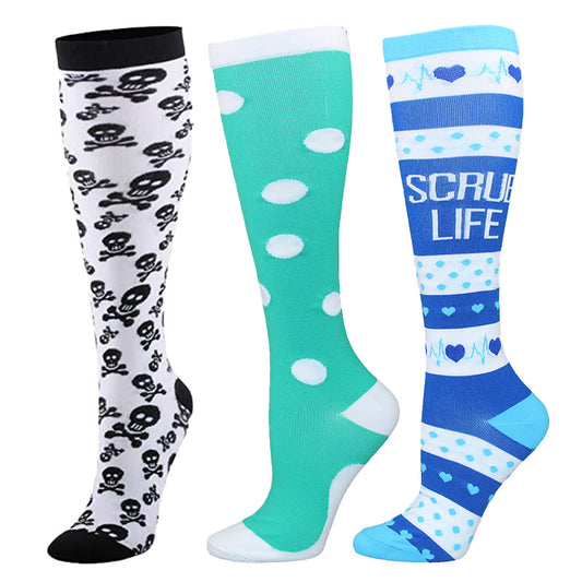 EKG Skull Pattern Plus Size Compression Socks(3 Pairs)