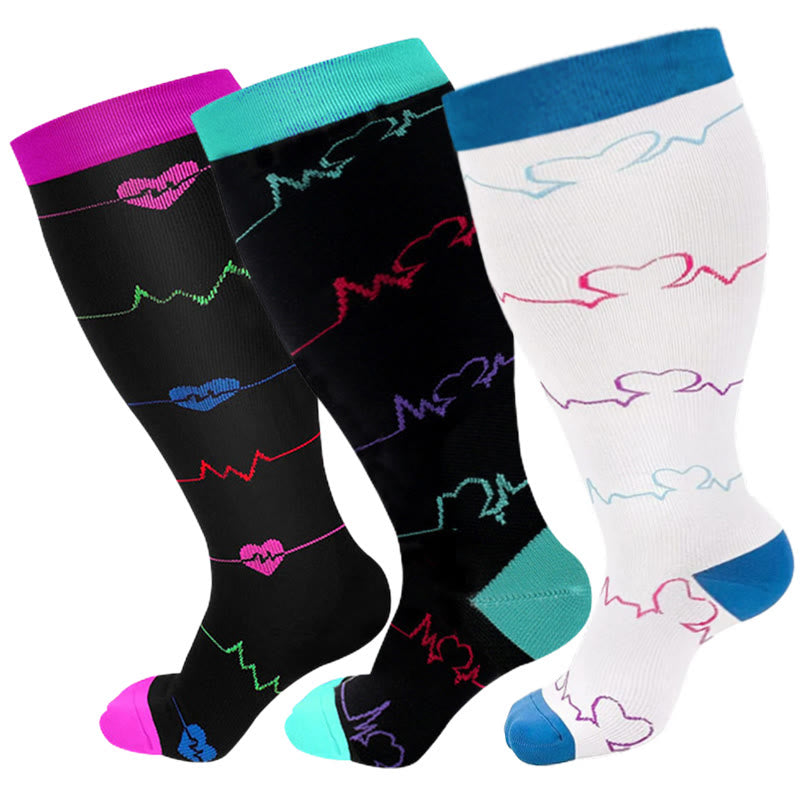 Electrocardiogram Pattern Plus Size Compression Socks(3 Pairs)