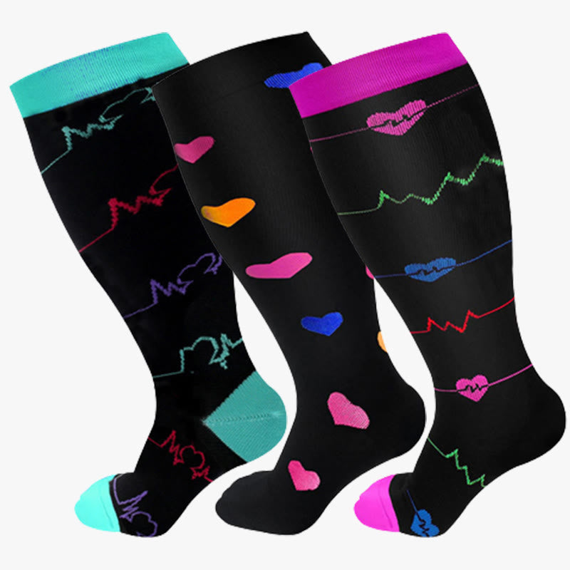 Electrocardiogram Heart Plus Size Compression Socks(3 Pairs)