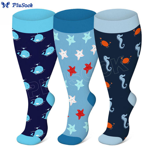Plus Size Whale Starfish Seahorse Compression Socks(3 Pairs)