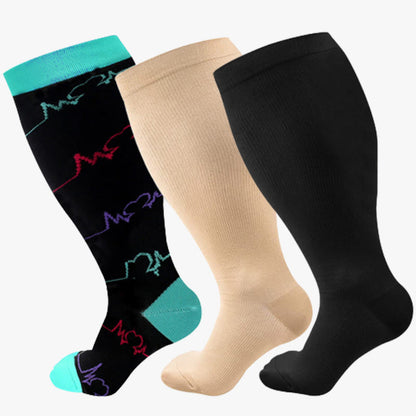 Blue Electrocardiogram Solid Plus Size Compression Socks(3 Pairs)