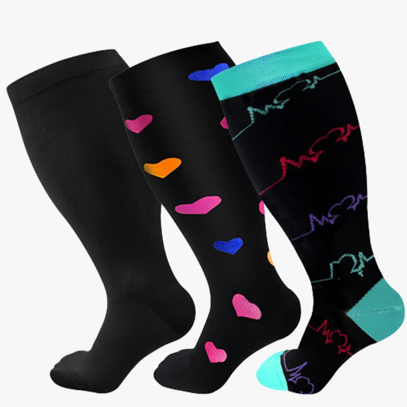 Blue Electrocardiogram Black Heart Plus Size Compression Socks(3 Pairs)