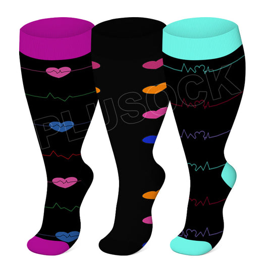 Electrocardiogram Heart Plus Size Compression Socks(3 Pairs)