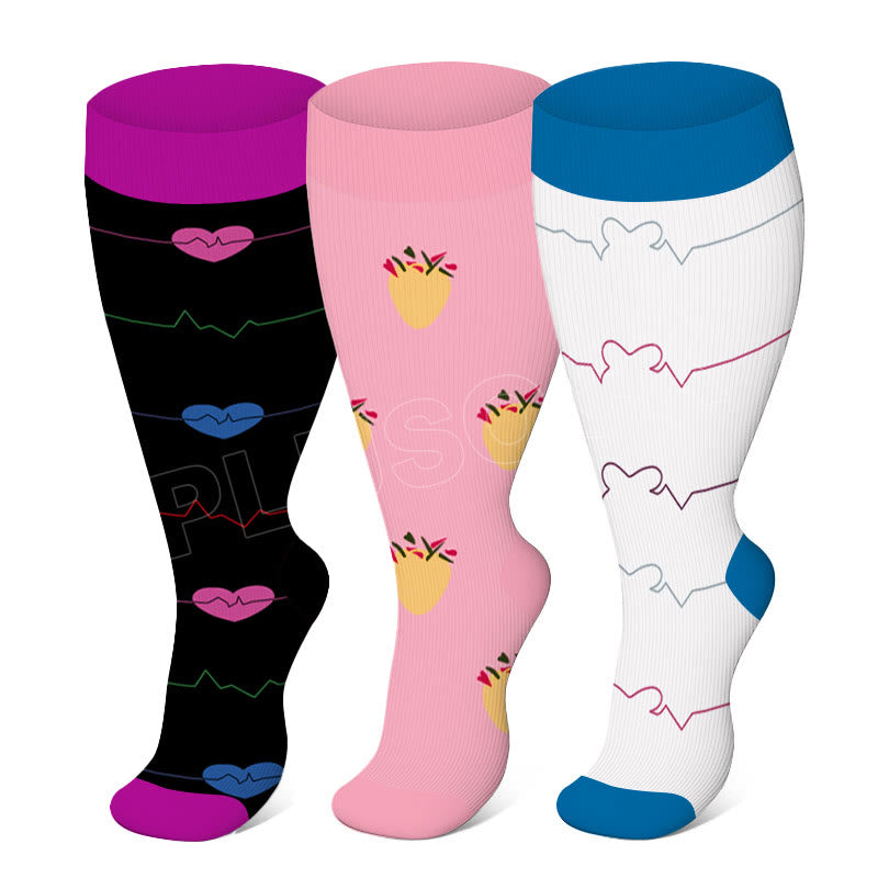 Pineapple Electrocardiogram Plus Size Compression Socks(3 Pairs)