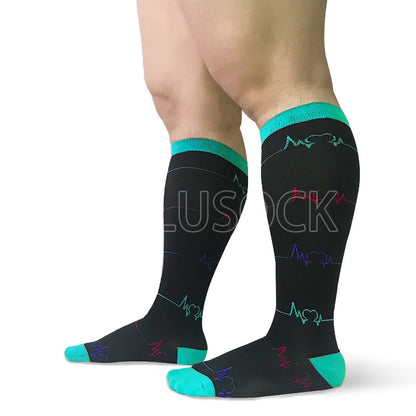 Blue Electrocardiogram Pattern Plus Size Compression Socks(3 Pairs)