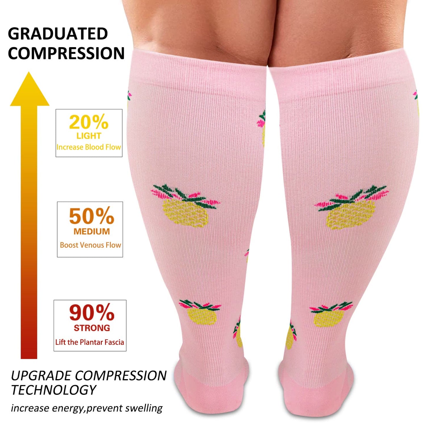 Pink Pineapple Plus Size Compression Socks(3 Pairs)